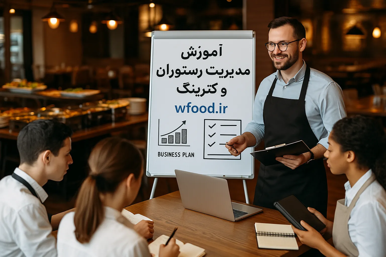 تصویری از آموزش مدیریت رستوران و کترینگ شامل مدیر رستوران در حال آموزش به تیم کارکنان با استفاده از تخته وایت‌برد حاوی برنامه کسب‌وکار و نمودارهای مدیریتی، در فضای داخلی یک رستوران شیک با دکور چوبی و نورپردازی گرم