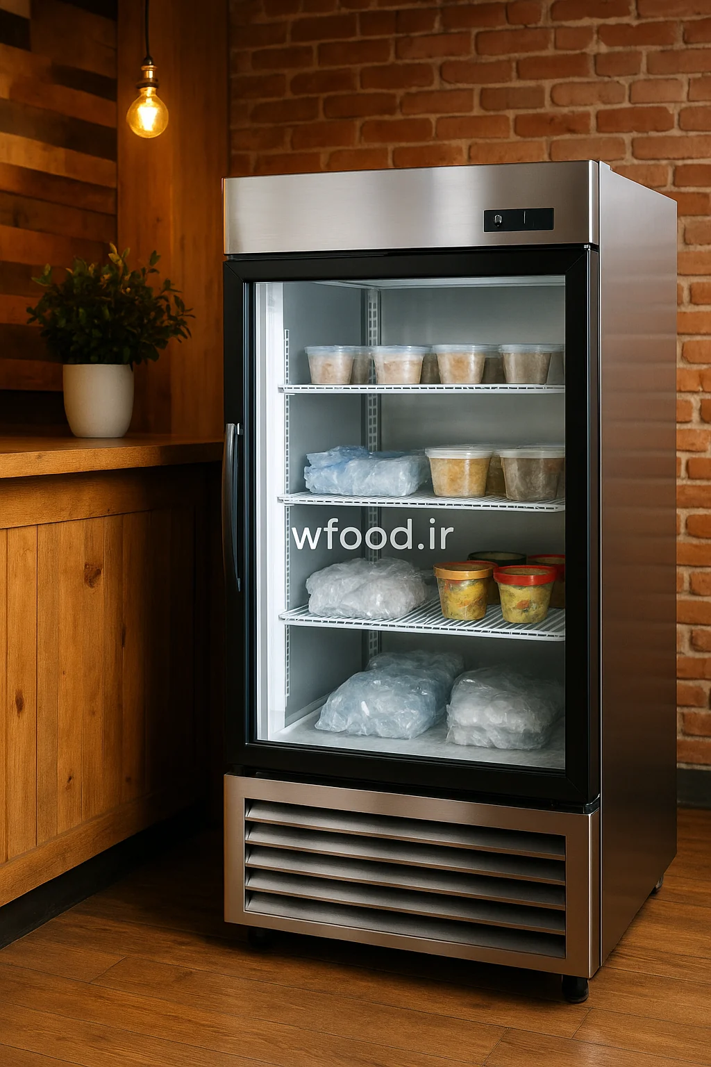 فریزر ویترینی کافیشاپ با بدنه استیل و درب شیشهای شفاف، حاوی بستنی، یخ و مواد غذایی منجمد، مناسب برای نگهداری و نمایش محصولات منجمد در منوی کافهها