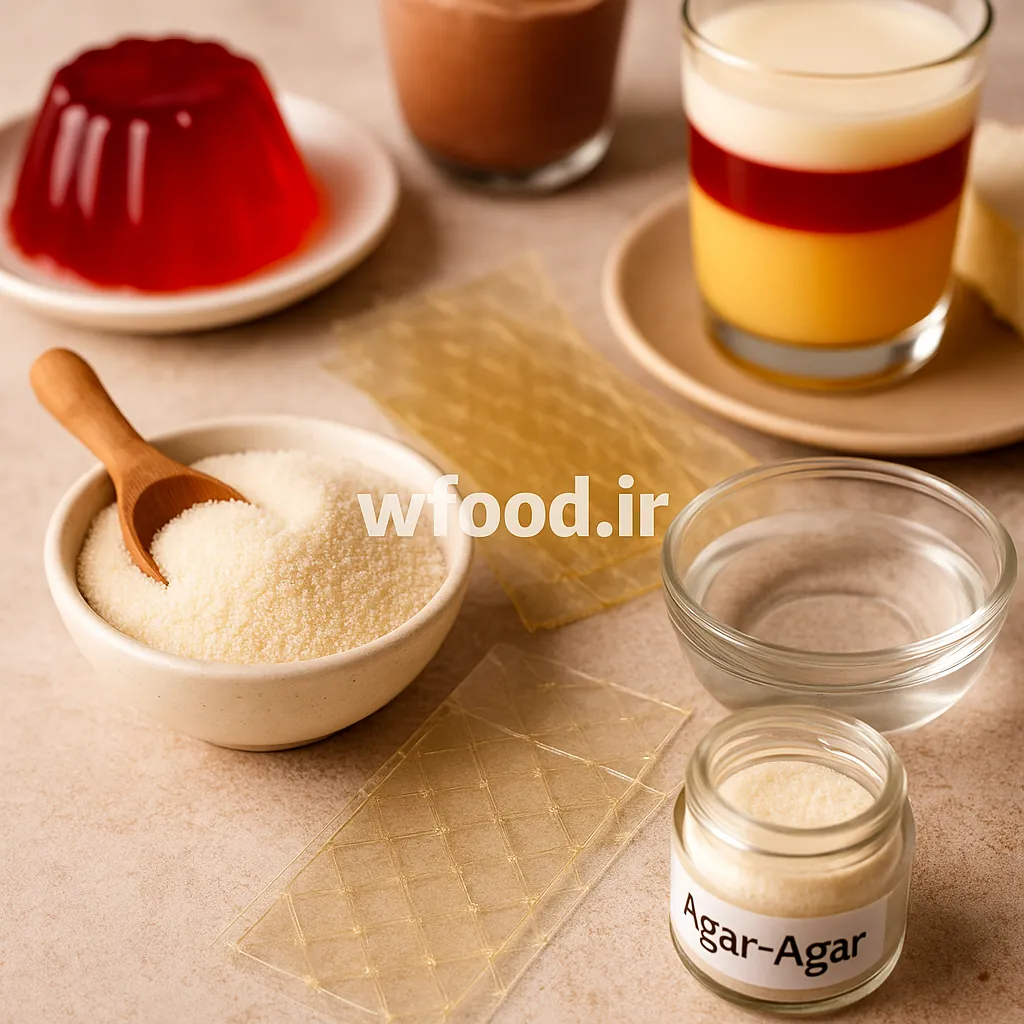 تصویری از انواع ژلاتین و محصولات مرتبط در قنادی شامل ژلاتین پودری در ظرف سرامیکی با قاشق چوبی، ورق‌های ژلاتین شفاف، شیشه حاوی آگار آگار، همراه با دسرهای تهیه‌شده با ژلاتین شامل ژله قرمز، موس شکلاتی و پارفه لایه‌ای میوه‌ای، چیده‌شده به‌طور زیبا روی میز کرمی رنگ