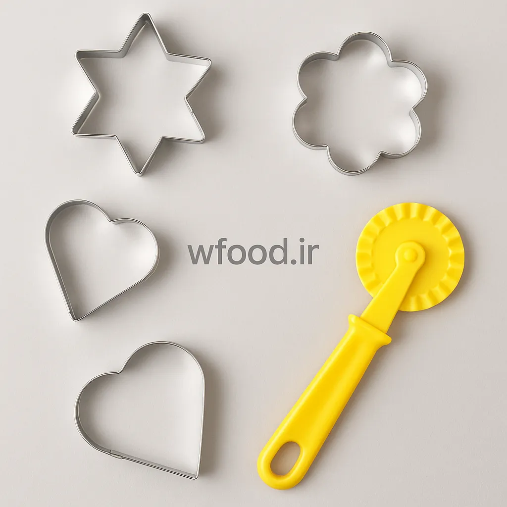 کاتر و قالب شیرینی شامل مجموعه‌ای از قالب‌های استیل در اشکال مختلف و یک کاتر چرخ‌دار زرد رنگ مناسب برای برش و شکل‌دهی خمیر شیرینی در قنادی‌ها