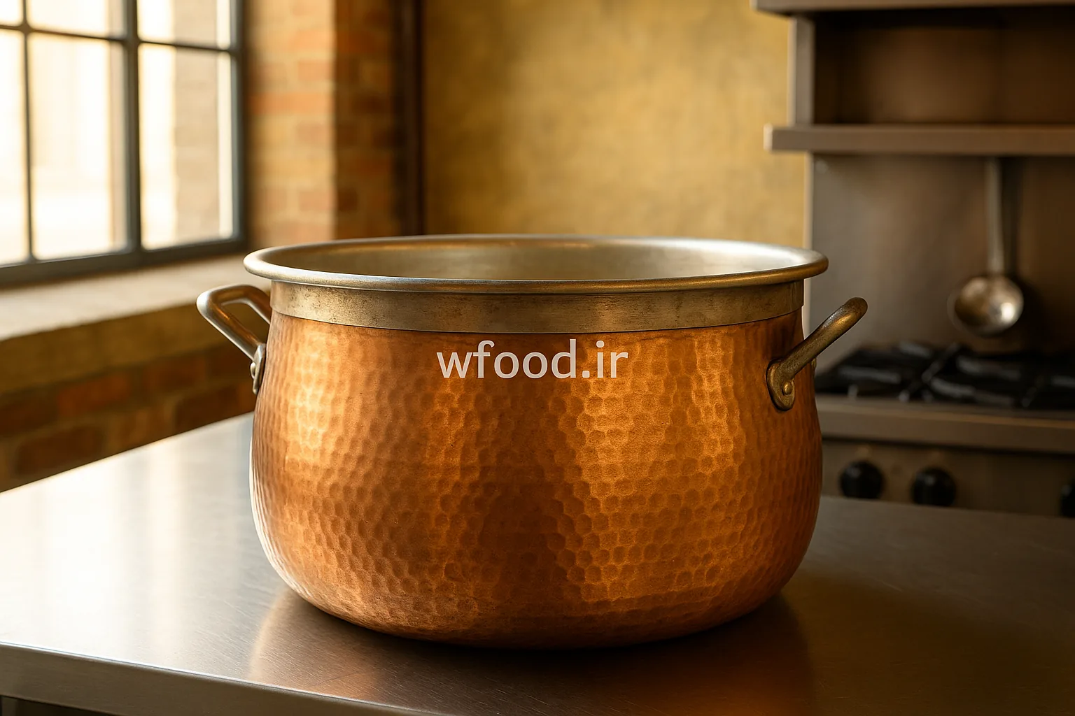 پاتیل مسی سنتی مناسب پخت برنج در آشپزخانه صنعتی با نور طبیعی و دکور حرفه‌ای رستورانی