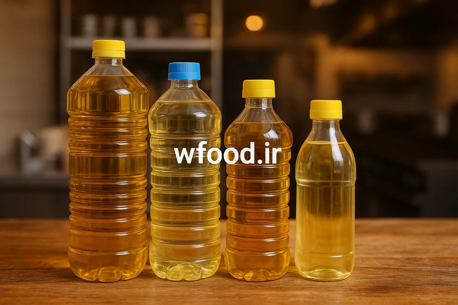 تصویری از چهار بطری روغن آشپزی در اندازه‌ها و انواع مختلف، چیده شده بر روی میز چوبی در یک آشپزخانه صنعتی با نور گرم، مناسب برای معرفی انواع روغن‌های پرکاربرد