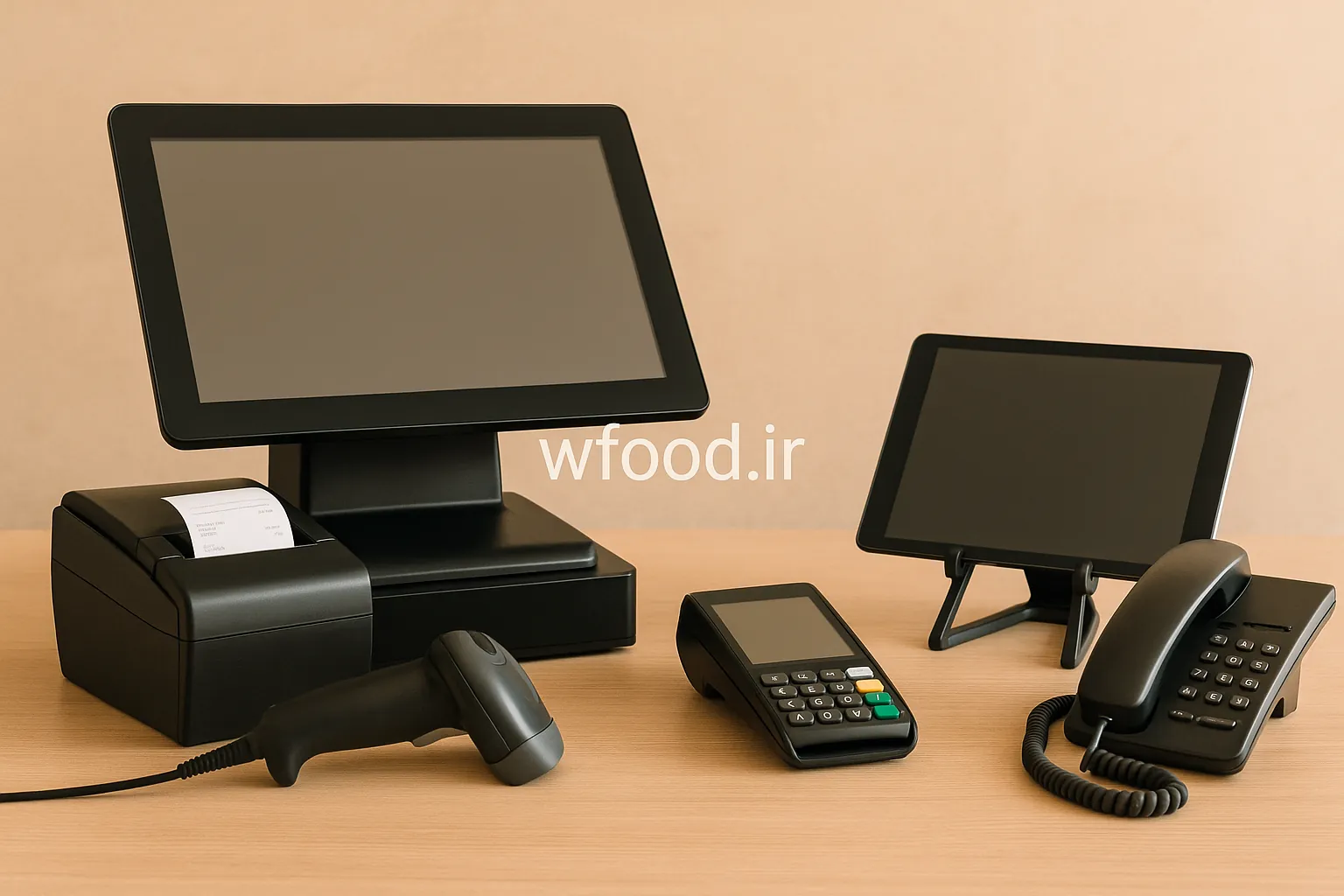تجهیزات مدیریت و خدمات رستوران شامل سیستم POS، پرینتر فاکتور، اسکنر بارکد، پایانه پرداخت، تبلت و تلفن اداری مناسب برای بهبود عملکرد و ارتباطات
