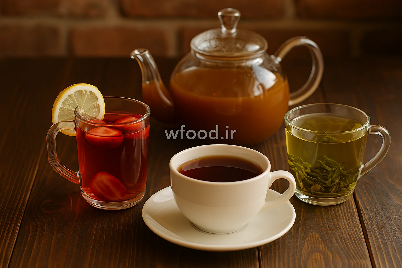 انواع چای در کافی‌شاپ شامل چای میوه‌ای با توت‌فرنگی و لیمو، چای سیاه کلاسیک، چای سبز و دمنوش در قوری شیشه‌ای، مناسب برای سرو گرم یا سرد در منوی کافه‌ها