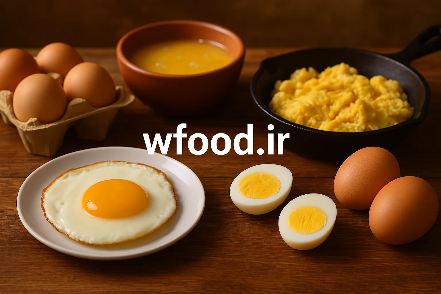 تصویری از انواع حالتهای تخممرغ شامل تخممرغ نیمرو، تخممرغ آبپز، تخممرغ اسکرامبل، تخممرغ خام در ظرف سفالی و تخممرغ کامل در شانه تخممرغ