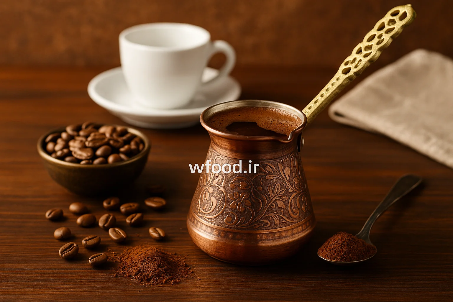 قهوه‌ساز ترک سنتی (جاذوه یا جزوه) از جنس مس با قهوه کف‌دار آماده، به همراه دانه‌های قهوه و پودر قهوه، مناسب برای تهیه قهوه ترک اصیل در کافی‌شاپ‌ها و منزل